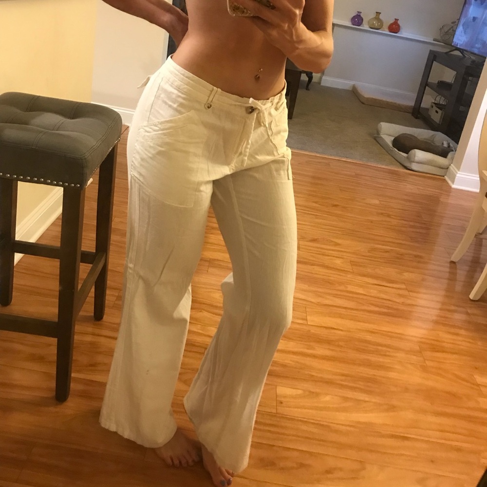 White linen drawstring pants